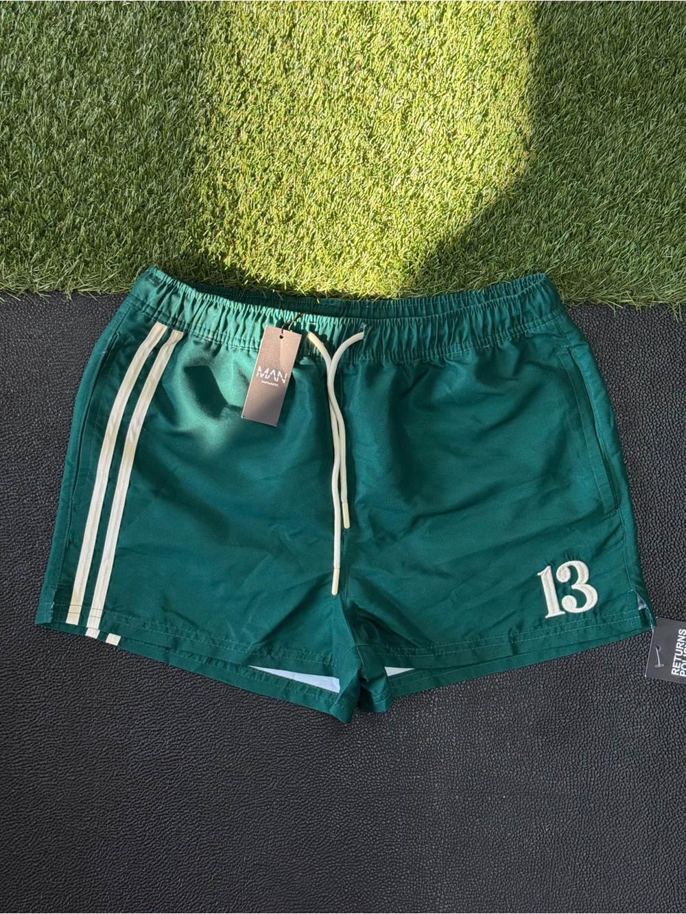 Boohoo Green Swim Trunks with Cream Stripe & Drawstring